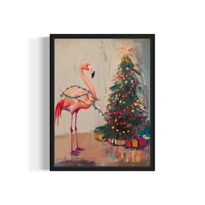 Flamingo Tangled in Christmas Lights Poster Art Print, Animals Wall Art Painting Decor, Holiday Season Xmas Posters