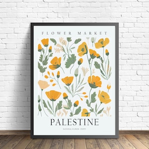 Palästina Blumenmarkt Poster, Palästina Blumenmarkt Kunstdruck, Poppy 1960's Wandkunst, Neutrales botanisches Pastell Kunstwerk