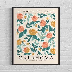 Oklahoma State Flower, Oklahoma Flower Market Art Print, Oklahoma Rose 1960&#39;s Wall Art , Neutral Botanical Pastel Artwork