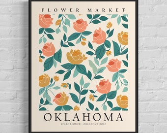 Oklahoma State Flower, Oklahoma Flower Market Art Print, Oklahoma Rose 1960's Wall Art , Neutral Botanical Pastel Artwork