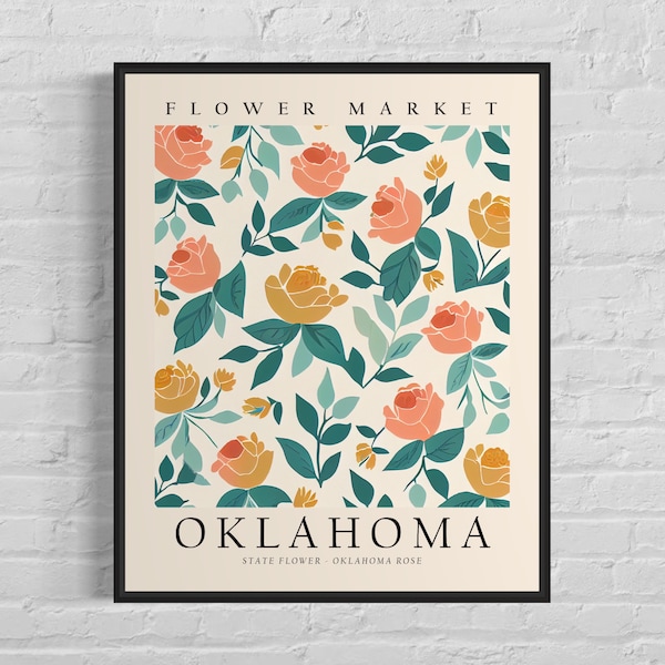 Oklahoma State Flower, Oklahoma Flower Market Art Print, Oklahoma Rose 1960's Wall Art , Neutral Botanical Pastel Artwork