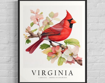 Virginia State Bird Art Print, Virginia State Flower, Virginia Wall Art, Home Decor