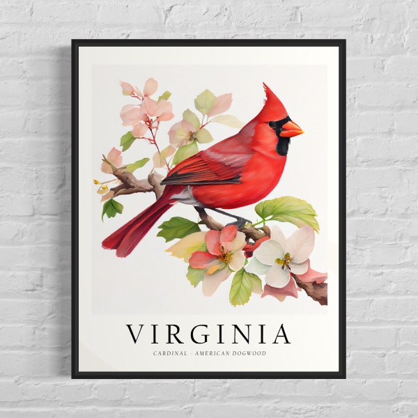 Virginia State Bird Art Print, Virginia State Flower, Virginia Wall Art, Home Decor