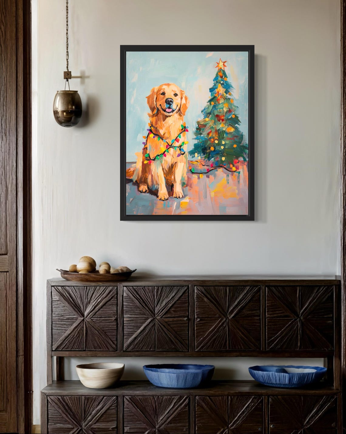 Golden Retriever Dog Tangled in Christmas Lights Poster Art Print ...