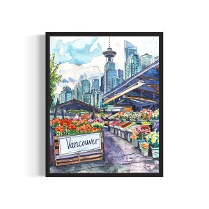 Vancouver Canada Flower Market Poster Art Print, Arte de parede em tons pastel botânicos neutros, pintura para quarto, decoração de banheiro