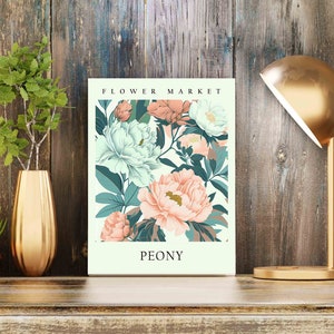 Może przedstawiać: Plakat z kwiatowym nadrukiem na jasnozielonym tle z dużym r&oacute;żowym kwiatem piwonii i mniejszymi białymi piwoniami. Plakat zawiera tekst "FLOWER MARKET" u g&oacute;ry i "PEONY" na dole.
