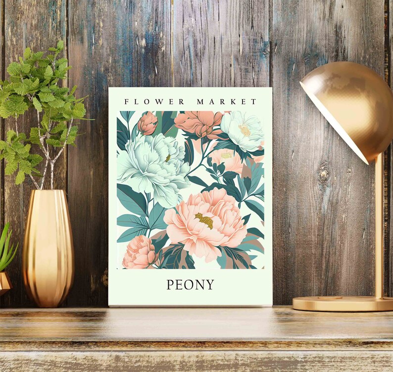 Może przedstawiać: Plakat z kwiatowym nadrukiem na jasnozielonym tle z dużym r&oacute;żowym kwiatem piwonii i mniejszymi białymi piwoniami. Plakat zawiera tekst "FLOWER MARKET" u g&oacute;ry i "PEONY" na dole.