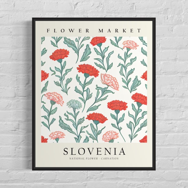 Slovenia Flower Market Art Print, Slovenia Flower, Carnation Wall Art, Botanical Pastel Artwork