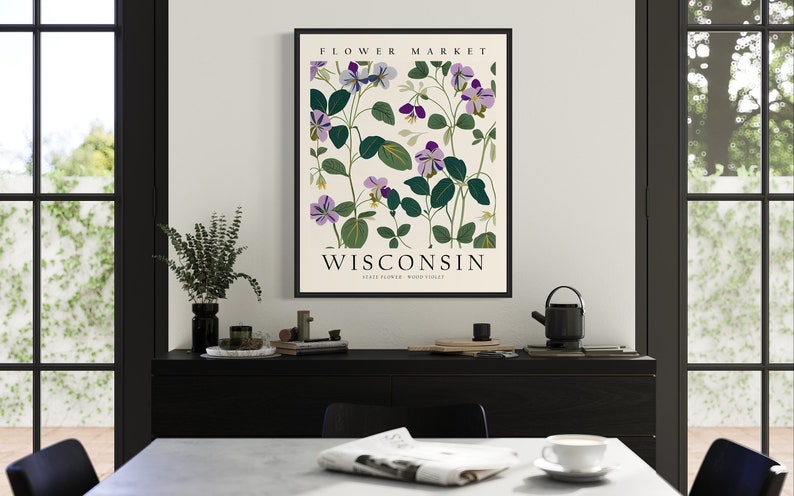 May include: A botanical illustration print featuring purple and green wood sorrel flowers with the text "FLOWER MARKET WISCONSIN STATE FLOWER WOOD SORREL"