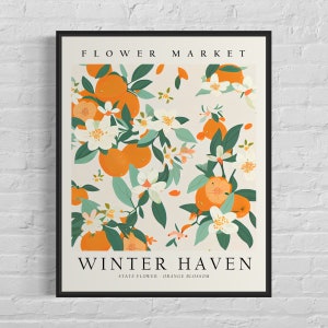 Stampa artistica del mercato dei fiori di Winter Haven Florida, fiore di Winter Haven, arte murale di fiori d'arancio, opera d'arte botanica pastello