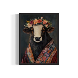 Musk Ox Poster Art Print, Animal Flowers in Kimono Wall Art Decor Painting Artwork