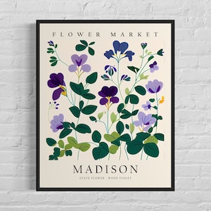 Madison Wisconsin Flower Market Art Print, Madison Flower Wall Art, Wood Violet Botanical Pastel Artwork