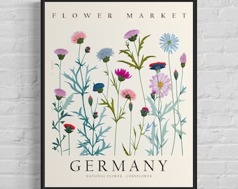 Germany National Flower, Germany Flower Market Art Print, Cornflower 1960&#39;s Wall Art , Neutral Botanical Pastel Artwork