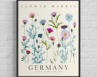 Germany National Flower, Germany Flower Market Art Print, Cornflower 1960's Wall Art , Neutral Botanical Pastel Artwork