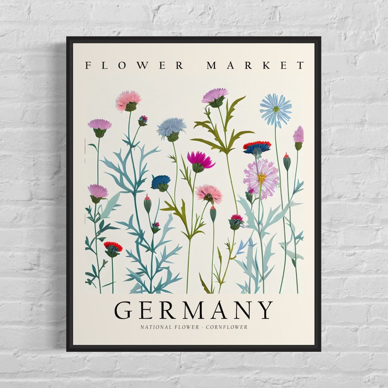 Germany National Flower, Germany Flower Market Art Print, Cornflower 1960's Wall Art , Neutral Botanical Pastel Artwork image 1