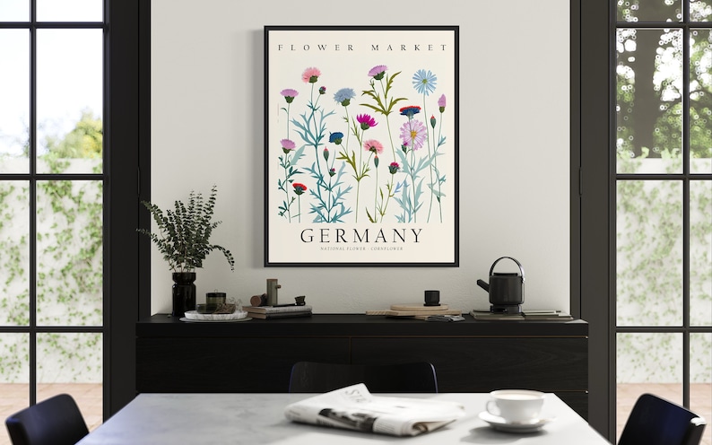 Germany National Flower, Germany Flower Market Art Print, Cornflower 1960's Wall Art , Neutral Botanical Pastel Artwork image 3