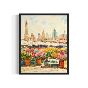 Medina Arábia Saudita Mercado de Flores Arte Impressão Pôster, Arte Pastel Botânica Neutra Arte de Parede Pintura Quarto, Decoração de Banheiro