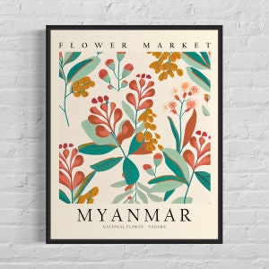 Myanmar National Flower, Myanmar Flower Market Art Print, Padauk 1960&#39;s Wall Art , Neutral Botanical Pastel Artwork