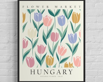 Hongrie National Flower, Hongrie Flower Market Art Print, Tulip 1960's Wall Art , Neutral Botanical Pastel Artwork