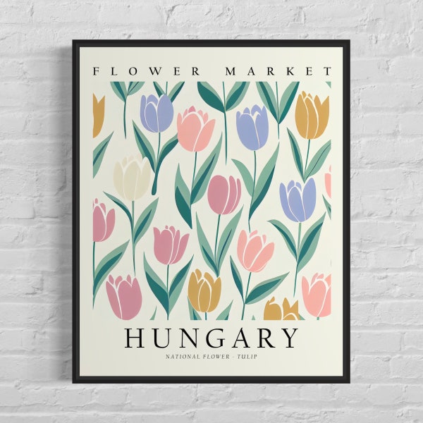 Hungary National Flower, Hungary Flower Market Art Print, Tulip 1960's Wall Art , Neutral Botanical Pastel Artwork