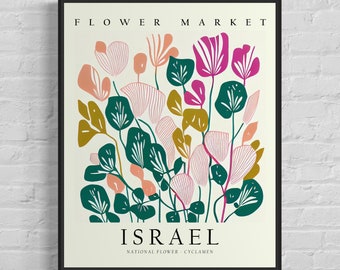 Israel National Flower, Israel Flower Market Art Print, Cyclamen 1960's Wall Art , Neutral Botanical Pastel Artwork