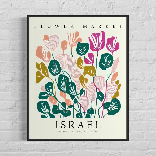 Flor nacional de Israel, impresión de arte del mercado de flores de Israel, arte de pared de ciclamen de 1960, arte pastel botánico neutro