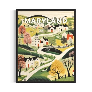 Maryland and Motto Landscape Scenery Poster Art Print, American Folk Art Wall Art Decor, Naive Painting Gifts