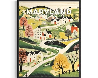 Maryland and Motto Landscape Scenery Poster Art Print, American Folk Art Wall Art Decor, Naive Painting Gifts