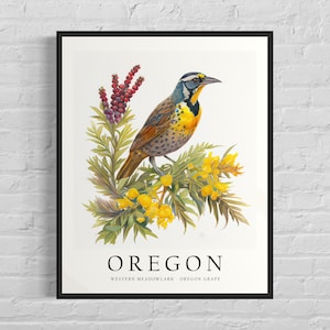 Oregon State Bird Art Print, Oregon State Flower, Oregon Wall Art, Home Decor