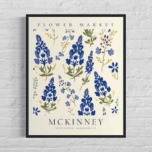 McKinney Texas Flower Market Art Print, McKinney Flower Wall Art, Bluebonnet Botanical Pastel Artwork