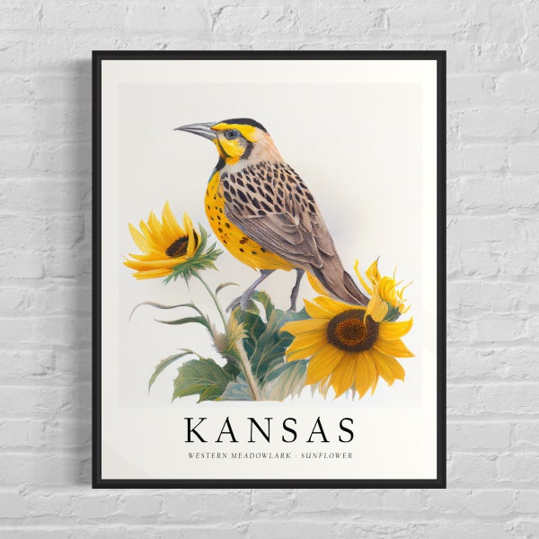 Kansas State Bird Art Print, Kansas State Flower, Kansas Wall Art, Home Decor