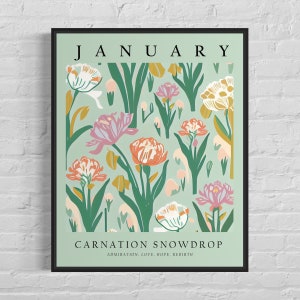 January Flower Month Art Print, Month Flower Market Poster, Carnation Snowdrop 1960's Wall Art , Neutral Pastel Artwork