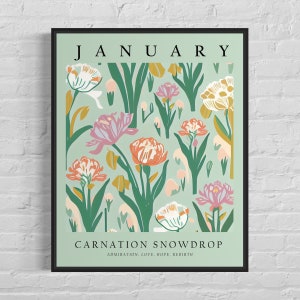 Lámina artística del mes de las flores de enero, póster del mercado de flores del mes, arte mural de campanillas de invierno con claveles de los años 60, obra de arte en tonos pastel neutros