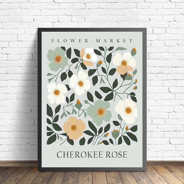 Cherokee Rose Flower Market Art Print, Cherokee Rose Wall Art, Botanical Pastel Artwork