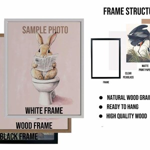 May include: A framed print of a cartoon rabbit reading a newspaper while sitting on a toilet. The frame is white with the words "White Frame" printed below the image. The frame is surrounded by a wood frame with the words "Wood Frame" printed below the image. The wood frame is surrounded by a black frame with the words "Black Frame" printed below the image.