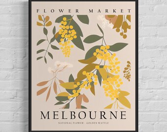 Melbourne Australia Flower Market Art Print, Golden Wattle Flower Wall Art Poster