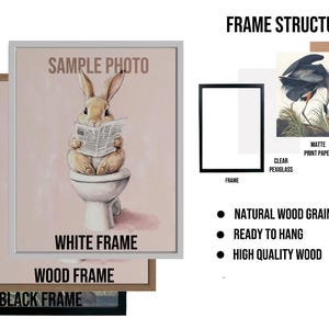 May include: A white frame with the text "SAMPLE PHOTO" and "WHITE FRAME" on a pink background. A cartoon rabbit is sitting on a toilet holding a newspaper. The frame is surrounded by a wood frame and a black frame.