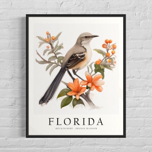 Lámina artística de pájaro del estado de Florida, flor del estado de Florida, arte de pared de Florida, decoración del hogar