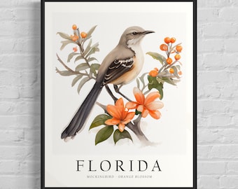 Florida State Bird Art Print, Florida State Flower, Florida Wall Art, Home Decor