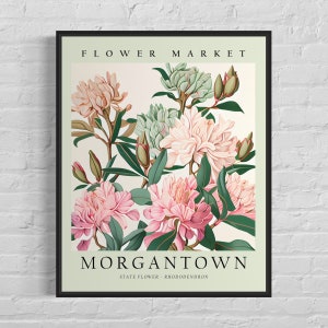 Morgantown West Virginia Flower Market Art Print, Morgantown Flower, Rhododendron Wall Art, Botanical Pastel Artwork