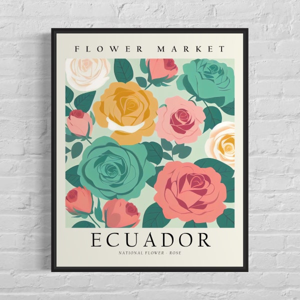 Ecuador Blumenmarkt Kunstdruck, Ecuador Blume, Rose Wandkunst, botanisches Pastell Kunstwerk