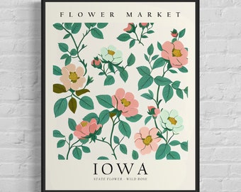 Iowa State Flower, Iowa Flower Market Art Print, Wild Rose 1960's Wall Art , Neutral Botanical Pastel Artwork