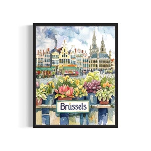 Brussels Belgium Flower Market Poster Art Print, Neutral Botanical Pastel Artwork Wall Art Painting Bedroom, Restroom Decor