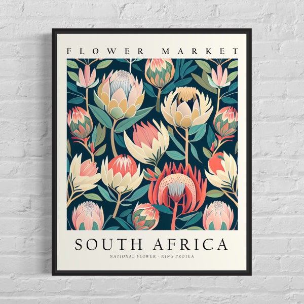 Südafrika Nationalblume, Blumenmarkt Kunstdruck, König Protea 1960er Wandkunst, Neutrales Botanisches Pastell Kunstwerk