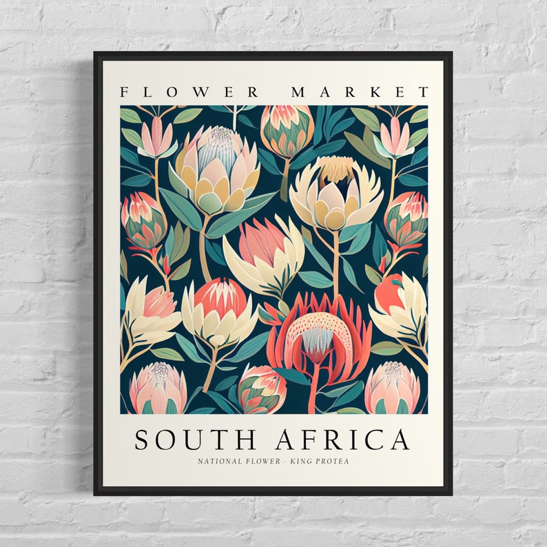 Fleur nationale d'Afrique du Sud, impression d'art du marché aux fleurs, art mural du roi Protea des années 1960, oeuvre d'art botanique pastel neutre image 1