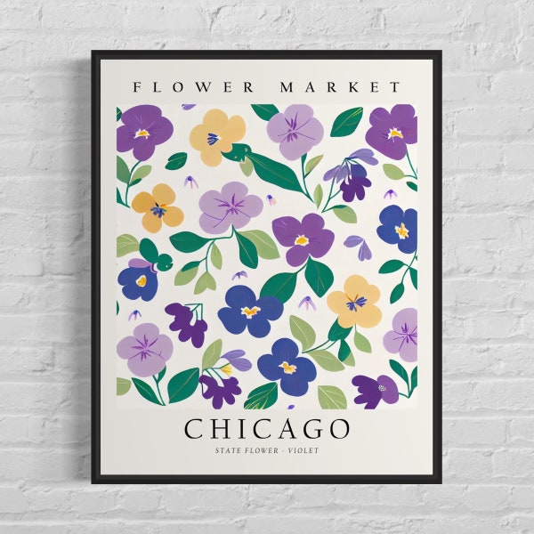 Chicago Illinois Wild Flower Market Art Print, Chicago Flower Wall Art, Violet Botanical Pastel Artwork