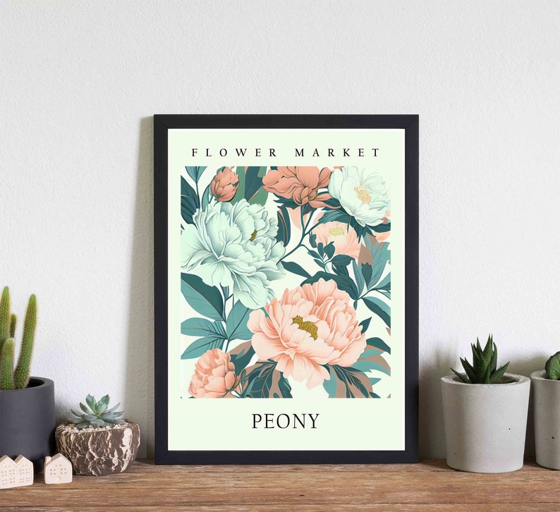 Może przedstawiać: Wydruk w ramie z kwiatowym wzorem przedstawiającym r&oacute;żowe i białe piwonie. Wydruk zawiera tekst "FLOWER MARKET" i "PEONY" u g&oacute;ry i na dole.