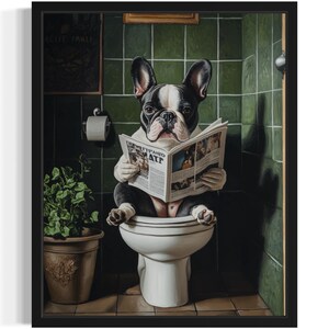 French Bulldog on Toilet Poster Art Print, Dog Restroom Humor Wall Art Decor, Dog Lover, Pet Bathroom Decor