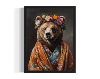Brown Bear Poster Art Print, Animal Flowers in Kimono Wall Art Decor Painting Artwork