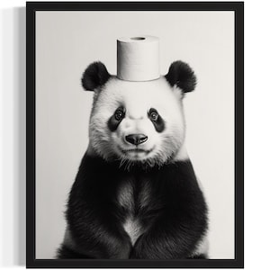 Panda in Restroom Poster Art Print, Animal Wall Art Decor Painting Bathroom